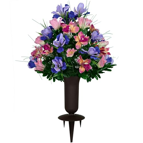 Sympathy Silks Artificial Cemetery Flowers - Grave Decoration - Cream Pink Tulips and Purple Iris (1) Bouquet (1) Vase
