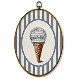 XPH Trendy Retro Disco Ball Ice Cream Oval Wall Art Framed, Funky Oval Wall Decor, Blue Striped Ice Cream Cone Hanging Canvas Prints for Home Girls Room Bedroom Dorm Apartment Decoration, 8.6x11.4 Inch