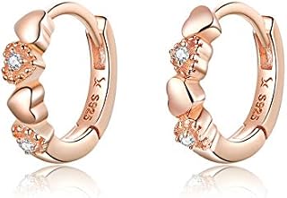 Double Love Heart Cubic Zirconia Sleeper Small Hoop Earrings for Women Teen Girls S925 Sterling Silver Cartilage Tiny Cute CZ Huggie Hoops Clip Hypoallergenic for Sensitive Ear 14K Rose Gold Plated