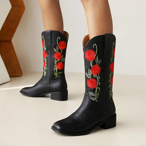 KiutSymo Womens Cute Embroidered Cowgirl Boots Mid Calf Square Toe Chunky Heels Western Work Boots3