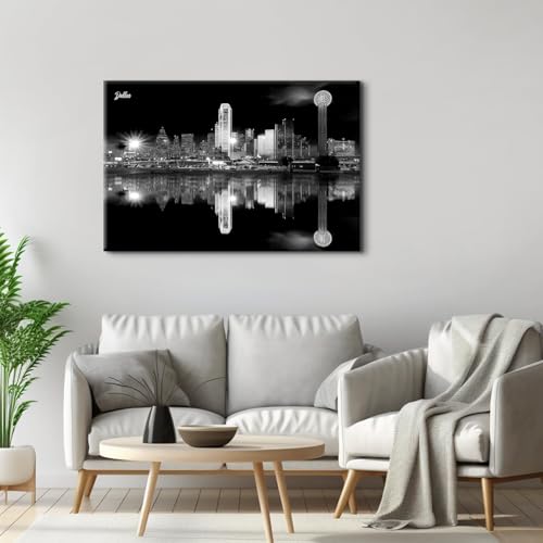 Image of Nature Cityscape Wall Art for Bathroom Dallas Skyline Wall Decor USA City Canvas Painting Black and White Skyscrapers Cityscape Framed Posters Night Scene Large Artwork Modern Home Decorations 32x48 inch