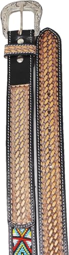 Quality Handmade Beaded Men's Leather Belt Thick Durable Wax Colorful Beaded Designs Cowboy Western Style Alloy Classic Fitted Belt Casual Formal Wear Size: Waist 31-34 inches - Length 39 inches3