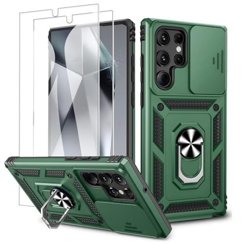 Fewdew for Samsung Galaxy S24 Ultra Case with 2 Pack Screen Protector, Slide Camera Cover & Kickstand, Heavy Duty Shockproof Rugged Protective Phone Cover Case for Samsung Galaxy S24 Ultra, Green