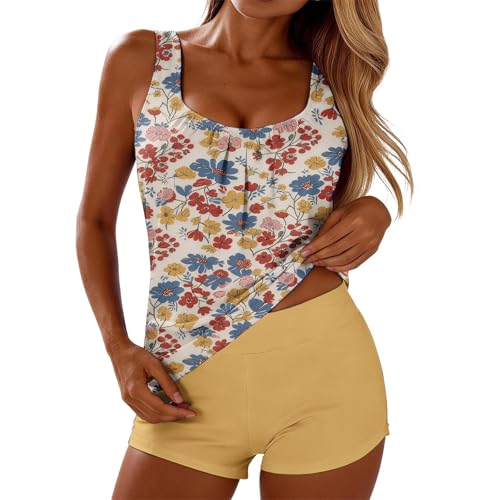 Maillot de bain tankini 2 pièces femme jaune shorty floral XXXL