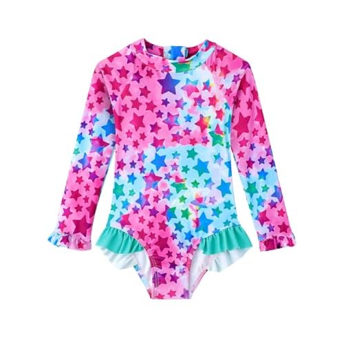 Baby Toddler Girl Long Sleeve Ruffle Swimsuit One Piece Zipper Rash Guard Bathing Suit with UPF 50+ Sun Protection Red Stars 7-8 Years