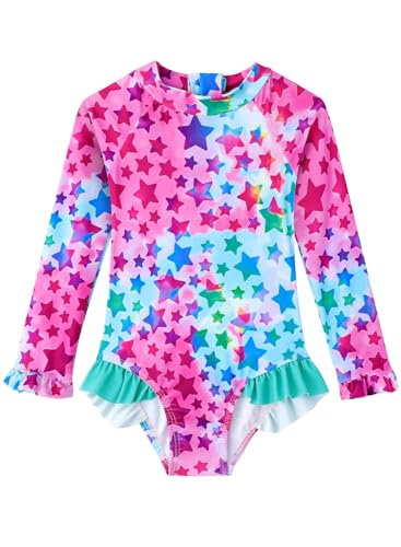 Image of Baby Toddler Girl Long Sleeve Ruffle Swimsuit One Piece Zipper Rash Guard Bathing Suit with UPF 50+ Sun Protection