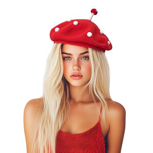 gagift world Mushroom Hat Cute Knit Spotted Beret Hats for Women Funny Winter Hats Mushroom Cosplay Accessories for Halloween Novelty Gifts for Birthday Christmas Red