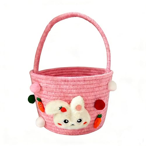 Empty Easter Basket with Handle & Cute Characters - Bunny Themed Gift Basket Ideal for Egg Hunts & Easter Treat Storage (Pink)
