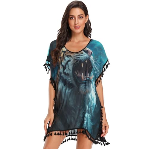 Blue Tiger Howling Dark Space Women's Beach Cover Up Chiffon Tassel Swimwear Swimsuit Coverups for Girl