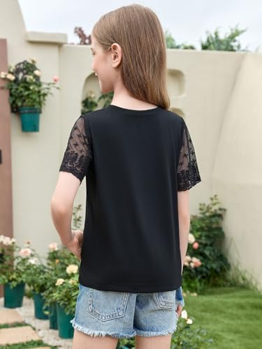 Image of Haloumoning Girls Lace Short Sleeve T Shirts Kids Summer Crewneck Tunic Tops Curved Hem 5-14 Years