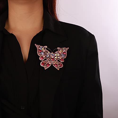 Image of Wedding Bridal Big Gold Butterfly Brooch with Wine Red Crystals Unisex Bling Brooch Pin
