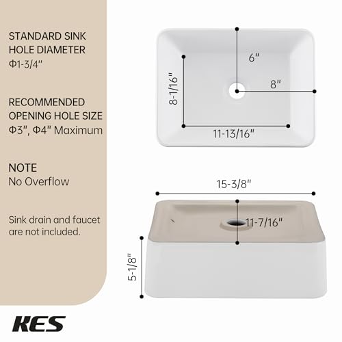Image of KES Bathroom Vessel Sink, Rectangular 16 inchX12 inch White Vessel Sink for Bathroom Countertop, Bathroom Sink Above Counter, Rectangle Porcelain Ceramic Small Vanity Sink, BVS110S40
