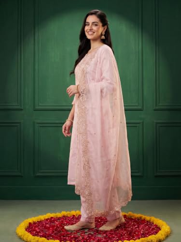 Image of INDO ERA Women's Silk Blend Floral Embroidered Thread Work Straight Kurta & Pant with Dupatta Set | Kurti Set
