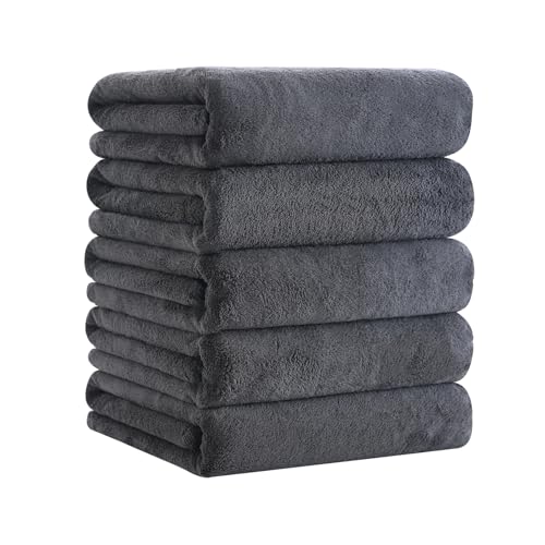バスタオル マイクロファイバー 5枚セット ホテル仕様 大判 60X120cm ふわふわ肌触り 高速吸水 速乾 耐久性 タオル (ダークグレー)
