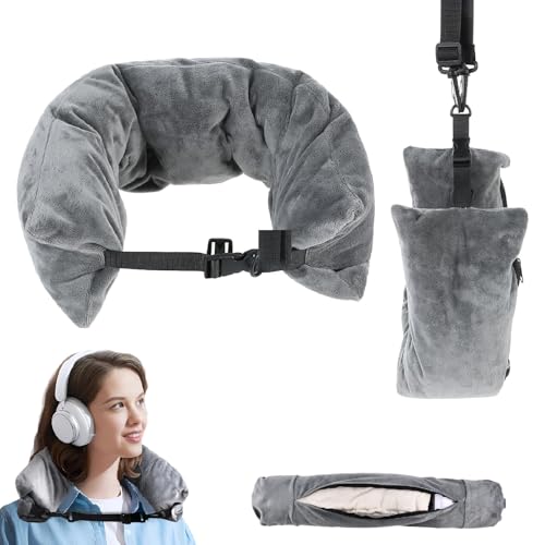 AMBEERT Stuffable Neck Pillow for Travel, Neck Pillow Stuffable with Clothes, Neck Pillow for Travel, Travel Essentials, Neck Pillow for Travelling by Car, Train and Plane (Grey)
