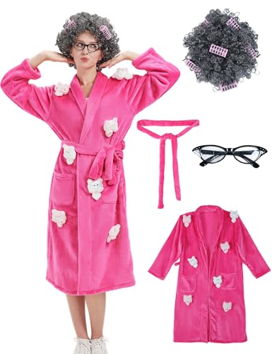 Wabolay Cat Lady Costume Robe for Women Adult Halloween Party Bathrobe Outfit for Cats Lovers Cosplay with Wig Eye Glasses