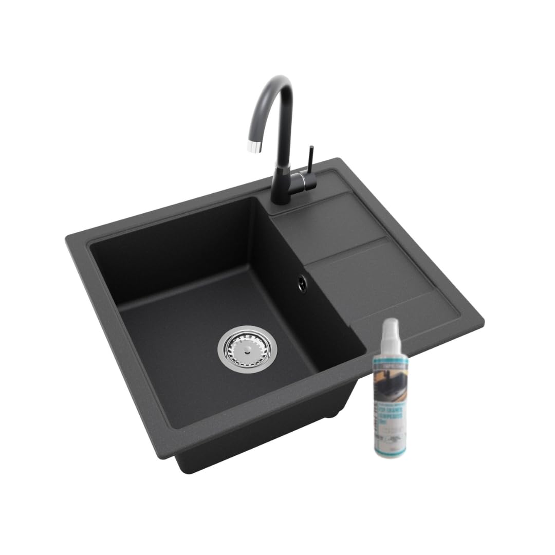 GRANMASTER Horizon Granitspüle mit Wasserhahn 1 Becken mit Siphon, Spüle Arbeitsplatte Küchenspüle mit Wasserhahn, 59 x 50 x 20,3 cm Spüle mit Abtropffläche aus Granit, Schwarz Metallic