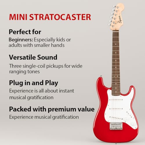 Image of Fender Squier 3 /4-Size Kids Mini Strat Electric Guitar - Red Bundle with Amplifier, Instrument Cable, Tuner, Strap, Picks, and Austin Bazaar Instructional DVD