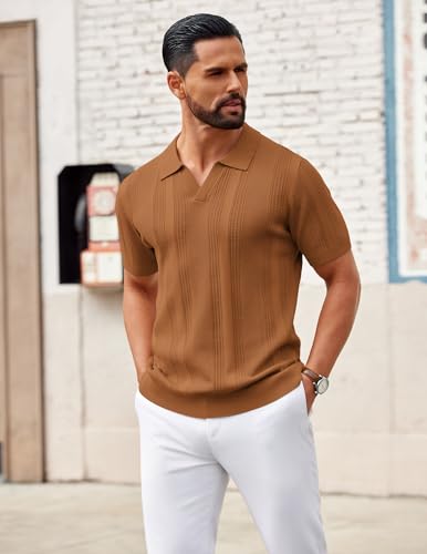 Image of COOFANDY Mens Knit Polo Shirts V Neck Textured Polo Shirts Short Sleeve Breathable Polo Casual Collared T Shirt Fashion Tops