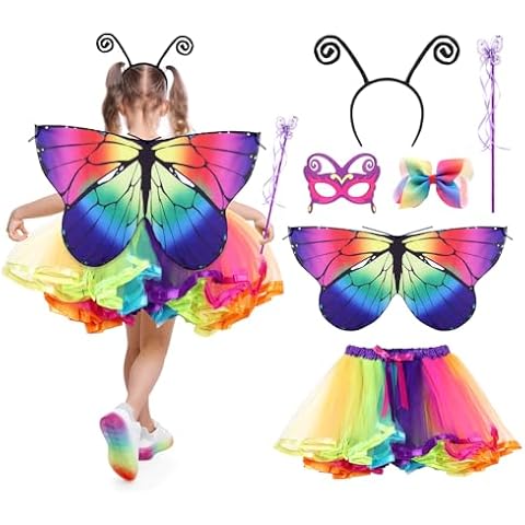 Partideal Kids Butterfly Wings Costume Set, Fairy Dress Up with Butterfly Wings Tutu Skirt Wand Headband Hairclip and Mask Kit, Fantasy Dress for 3-8 Years Girls Halloween Carnival Cosplay Cover