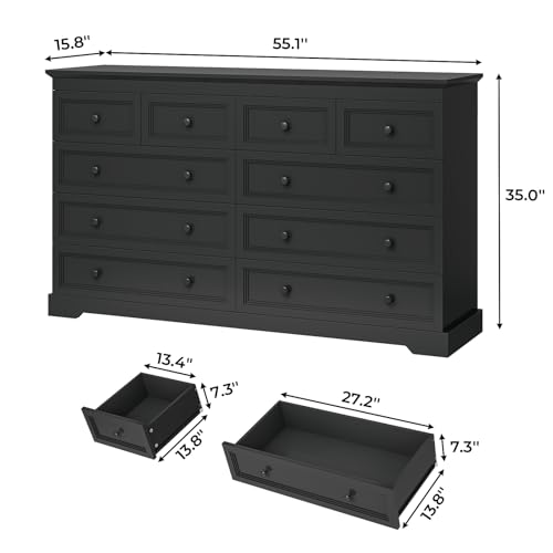 10-Drawers-Dresser-Black-Large-Chest-of-Drawers-55-Long-TV-Stand-DresserWide-Dresser-Storage-Organizer-for-Bedroom-Living-Room-551-W-x-350-H-x-158-D 10 Drawers Dresser Black Large Chest of Drawers 55 Long TV Stand DresserWide Dresser Storage Organizer for Bedroom Living Room 551 W x 350 H x 158 D