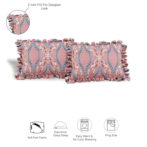 Image of King Size Fitted Bedsheet for Double Bed | 300 TC Cotton Feel Microfiber | All Around Elastic with 2 Frill Pillow Covers | Soft & Durable | (PinkEkaFrill, Fitted - 72 x 78 Inch King)