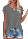 OFEEFAN Cap Sleeve Shirts for Women Side Slit V Neck Womens Tops Casual Loose Fit Gray XL