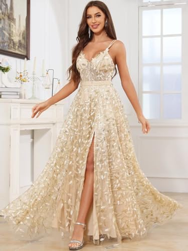 Sequin Prom Dresses 2025 Long Tulle Lace Spaghetti Straps Evening Gown with Slit A Line V Neck Formal Dress3