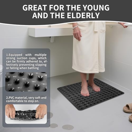Cozary Duschmatte rutschfest, 53 x 53 cm, Antirutsch Badematte für Badewanne & Dusche, Weiche PVC Duschmatte mit Saugnäpfen, Maschinenwaschbar-Schwarz