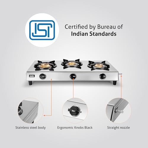 Image of Glen 3 Burner Stainless Steel LPG Gas Stove with 1 Jumbo Brass Burner | ISI Certified | Manual Ignition | Heavy Duty Pan Support | 2 Year Standard Warranty | 1031XLHF