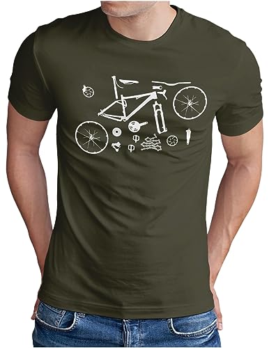 OM3® Mountain-Bike-Parts T-Shirt - Herren - MTB Bicycle Fahrrad Teile Radsport Radfahrer - Oliv-WS, L