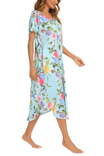 YOZLY Nightgowns for Women Short Sleeve Long Night Gowns Soft V Neck Sleepwear with Pockets, Flowers, XX-Large