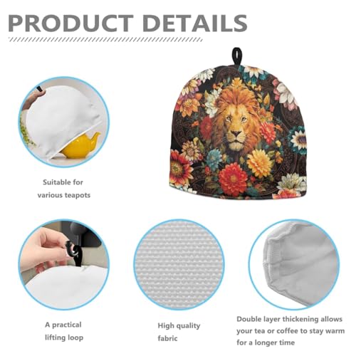 Image of Flower & Lion Print Tea Cozy for Teapot Insulated Large Teapot Warm Tea Kettle Cover Machine Washable Coffee Pot Cloth Covers Kitchen Home Decorations for Party