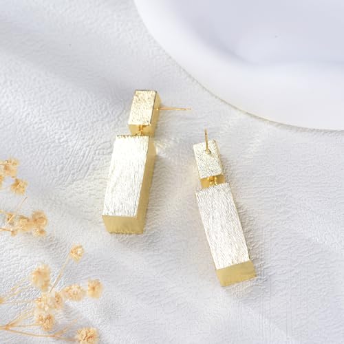 Gold Statement Earrings for Women Chunky Geometric Dangle Drop Earrings 14K Gold Hexagon or Rectangle Sculptural Brushed Matte Hypoallergenic Jewelry Gift3