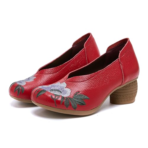Women's Genuine Leather Embroidered Vintage Cutout Block Heel Pumps Closed Round Toe Comfortable Non Slip Slip On Chunky Heel Casual Mam Loafers for Daily Traveling Walking Work