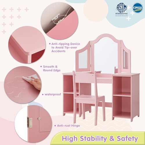 Image of MOUDS Kids Vanity Set 2 in 1, Sturdy & Durable Princess Makeup Table, Easy Assembly Toddler Vanity with Open Storage, Detachable Tri-fold Mirror Vanity for Little Girls Age 3-9 (Pink with Chair)