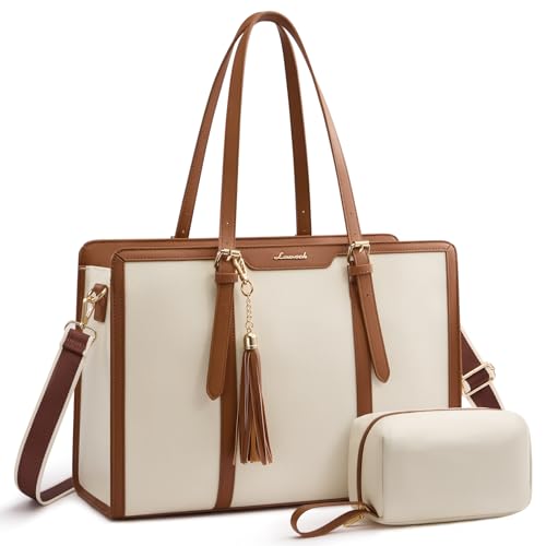 LOVEVOOK Laptop Tote Bag for Women,17 inch Canvas Leather Computer bag with Clutch Purse for Business, Travel, School, Casual, Beige
