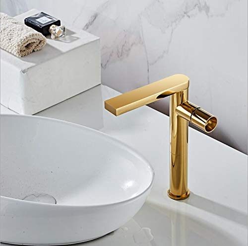 Mitigeur de lavabo noir et or haut avec bec rotatif eau chaude et froide