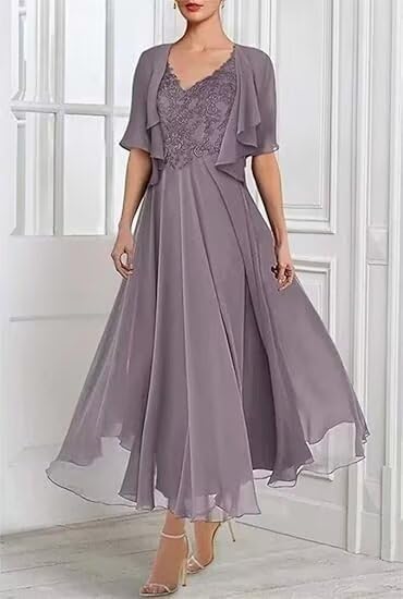 2 Pieces Mother of Bride Dresses V-Neck and Chiffon Jacket Tea Length A Line Bridesmaid Formal Evening Gowns2