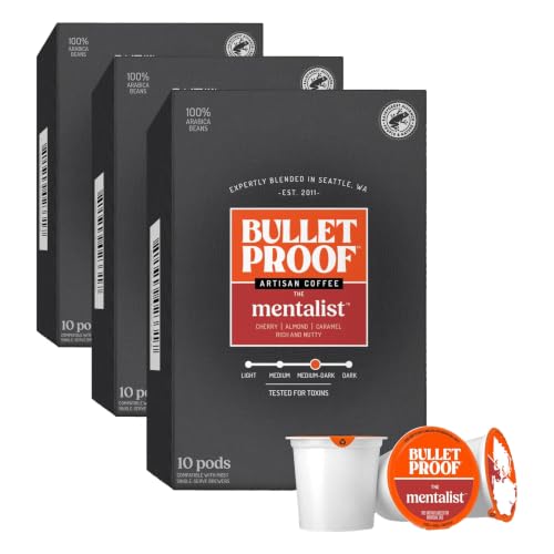 Bulletproof The Mentalist Medium-Dark Roast Single-Serve Pods, 10 Count, 100% Arabica Beans, Clean Coffee Tested for Toxins (Pack of 3)