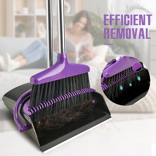 Image of Broom and Dustpan Set with Long Handle, Light Weight Stainless Steel Poles Stand Upright Dustpans with Broom Combo for Home Kitchen Office Pet Dog Hair, 1-Pack (Purple)