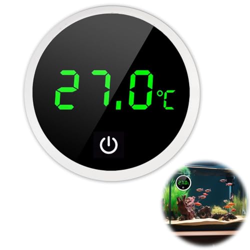 Thermomètre d’Aquarium Numérique LCD Haute Précision 0,1 ℃, Écran LED Grand Angle, Bouton Tactile, Sans Sonde, Thermomètre Eau pour Aquarium Poissons Tortues Eau Douce Marine Fixation Adhésive (Blanc)