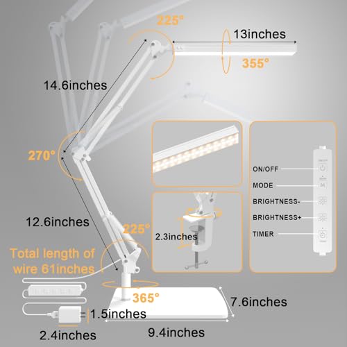 Image of TROPICALTREE LED Desk Lamp with Clamp and Round Base,Eye Caring Table Lamp with Swing Arm,3 Color Modes 10 Brightness Levels,Memory Function,Desk Light for Home Office with USB Adapter White-14W