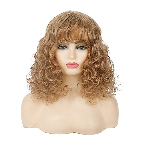 Beweig Short Afro Blonde Wigs For Women Shoulder Length Curly Wigs With Bangs Synthetic Kinky Curly Hair Wig Full Wigs,16 Inches #TOP2