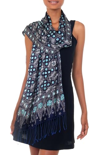 NOVICA Artisan Handmade Silk Batik Shawl Blue Patterned Accessories Shawls Indonesia ' Royal Art'2