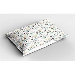 Almohada Japonesa Del Amor ABAKUHAUS Gato japonés Funda de Almohada, Sushi Doodle del Amor de I, Decorativa Estampada Tamaño Standard Dos Plazas, 65 X 50 cm, Champagne Topo Gris