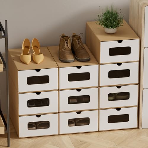 Peviasot 35 × 23 × 13 cm Lot de 20 boîtes de rangement à chaussures en carton blanc pur avec fenêtre – Boîtes à chaussures pliables en papier kraft, empilables, boîtes à chaussures en carton pour