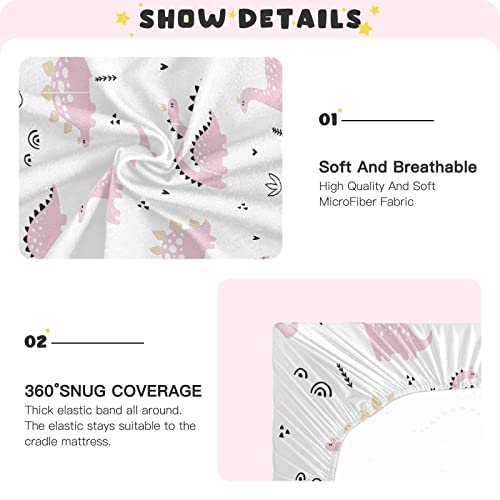 Image of Fitted Crib Sheets Baby Pink Dinosaurs Stretchy Portable Playard Sheets for Baby Toddler, Breathable Soft Mini Crib Mattress 52 x 28 in for Boys and Girls