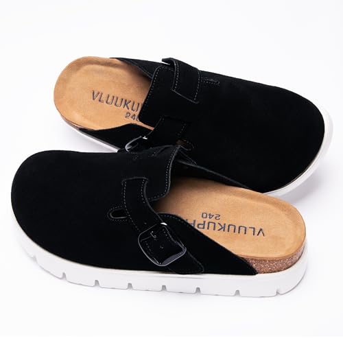 Image of Women's Suede Platform Clogs Leather Mules Slip On Indoor Outdoor Shoes | Arch Support, Cork Footbed, Adjustable Buckle,Water Resistant Upper,All Day Comfort