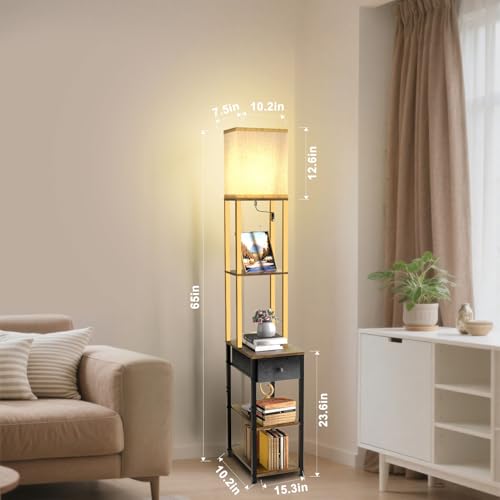 Image of Lightdot Floor Lamp with Shelves&Drawer, Black and Gold Sofa Lamp with Fabric Shade, Display Corner Floor Lamp with Storage Table for Living Room /Bedroom /Sofa Beside /Corner Decor(Bulb Include)